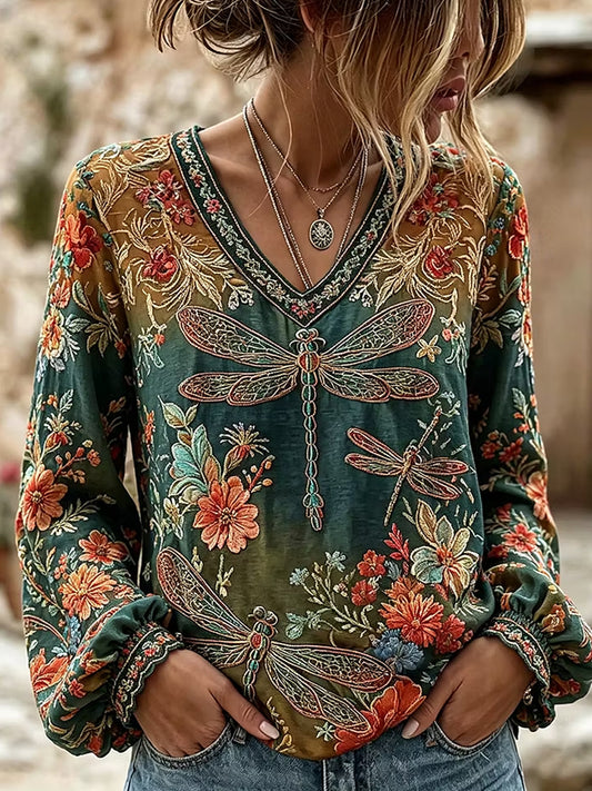 Women's Retro Floral Art Print Casual Cotton Linen Top