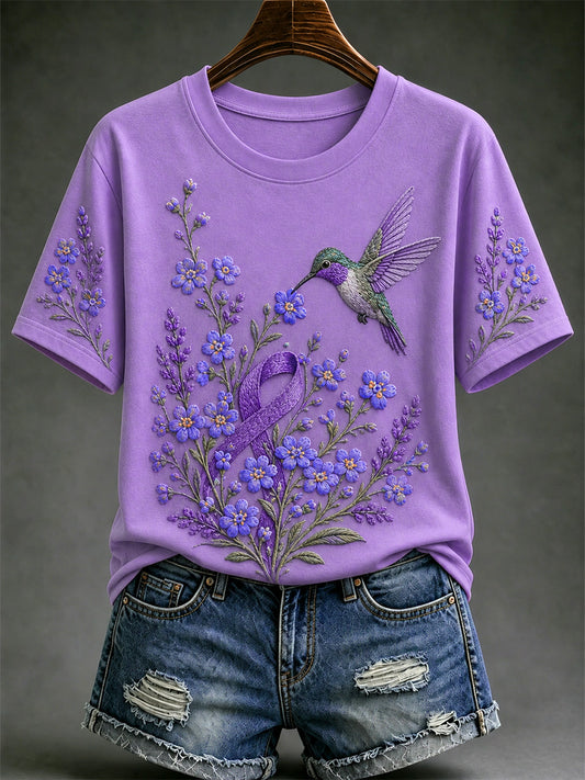 Women's Purple Floral & Hummingbird Print Alzheimer's Awareness Support Tee
