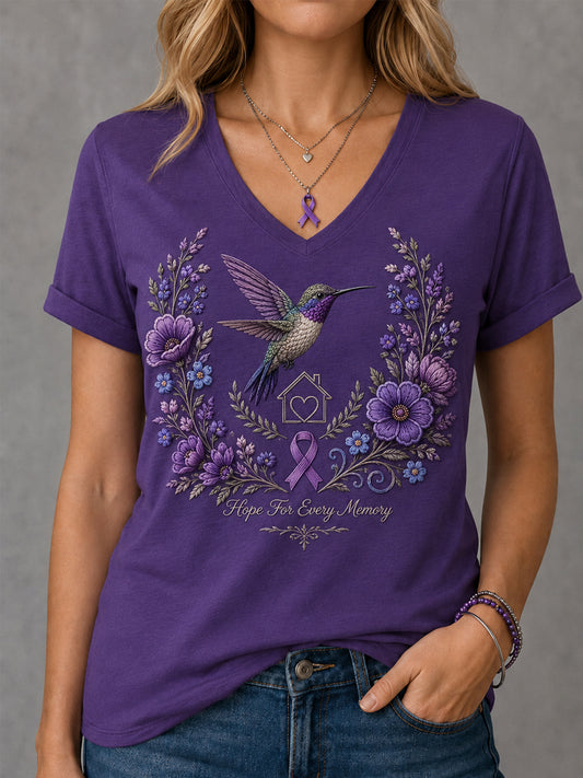 Women's Purple Floral & Hummingbird Print Alzheimer's Awareness Support V-Neck Tee