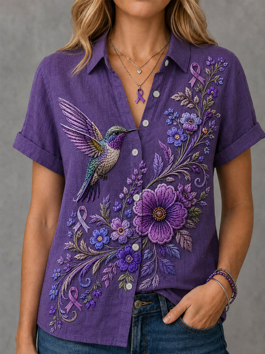 Women's Purple Floral & Hummingbird Print Alzheimer's Awareness Support Shirt