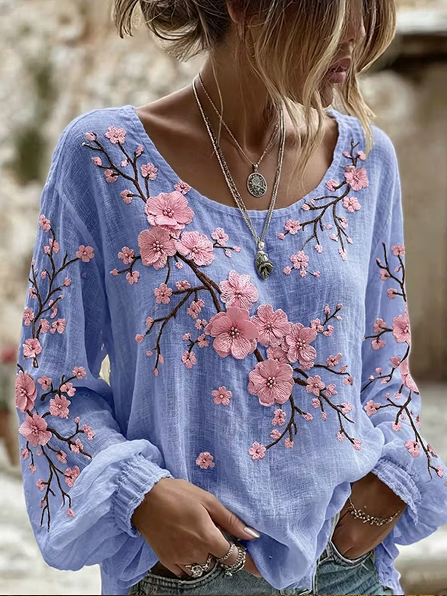 Women's Retro Floral Art Print Casual Cotton Linen Top