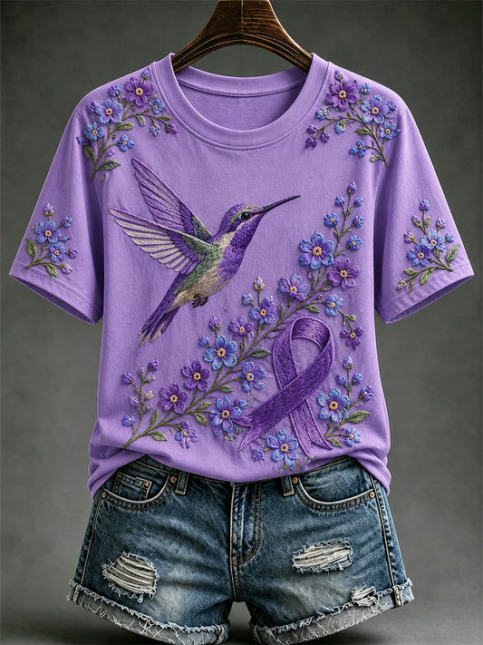 Women's Purple Floral & Hummingbird Print Alzheimer's Awareness Support Tee