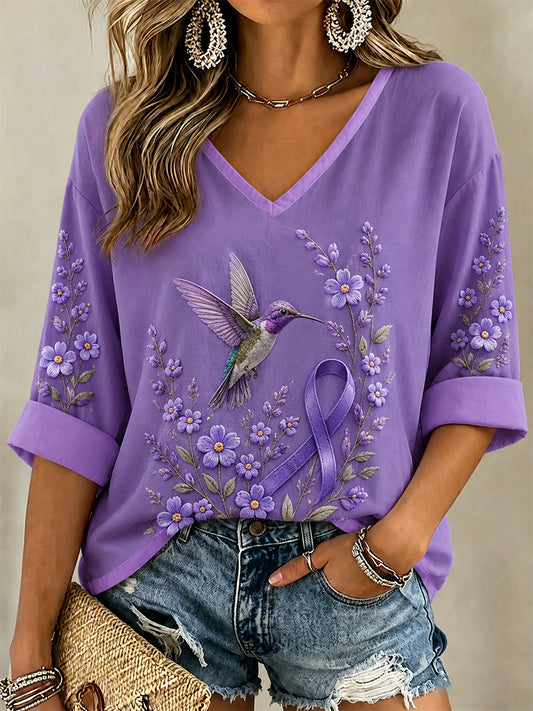 Women's Purple Floral & Hummingbird Print Alzheimer's Awareness Support V-Neck Tee