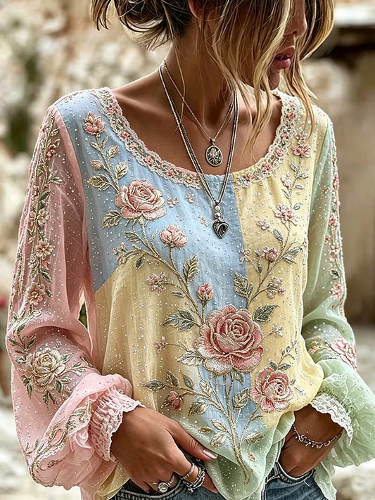 Women's Retro Floral Art Print Casual Cotton Linen Top
