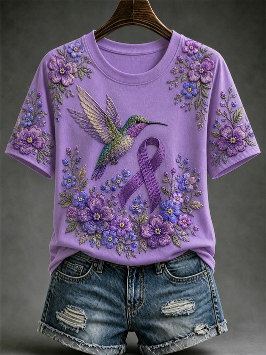 Women's Purple Floral & Hummingbird Print Alzheimer's Awareness Support Tee