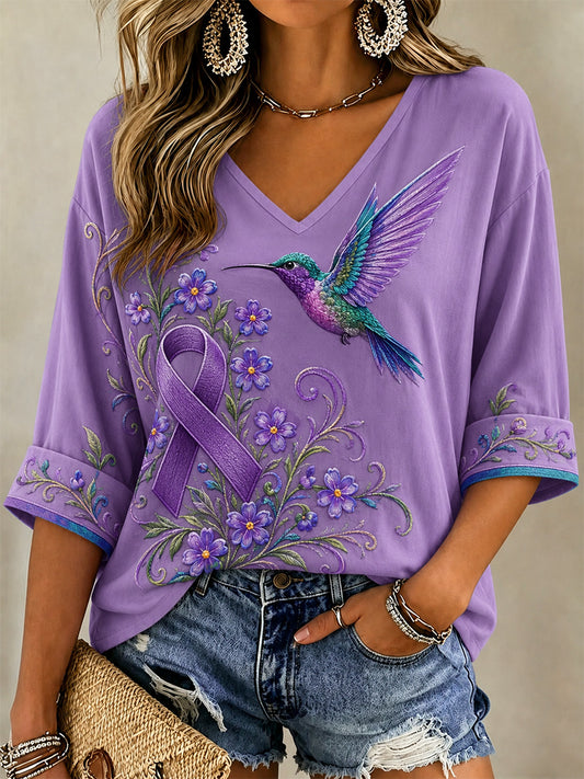 Women's Purple Floral & Hummingbird Print Alzheimer's Awareness Support V-Neck Tee