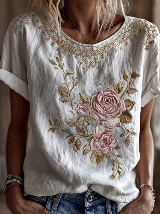 Women's Retro Floral Art Print Casual Cotton Linen Top
