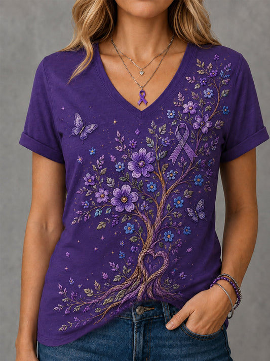 Women's Purple Floral & Butterfly Print Alzheimer's Awareness Support V-Neck Tee