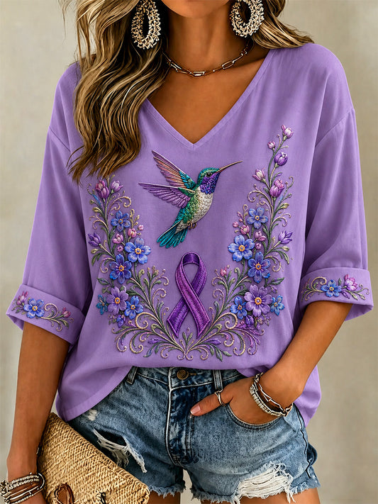 Women's Purple Floral & Hummingbird Print Alzheimer's Awareness Support V-Neck Tee