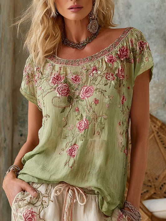 Women's Retro Floral Art Print Casual Cotton Linen Top
