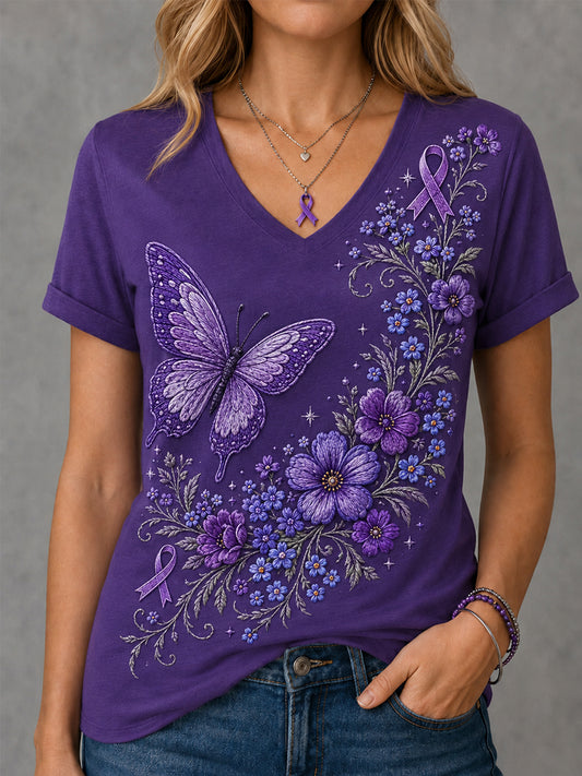 Women's Purple Floral & Butterfly Print Alzheimer's Awareness Support V-Neck Tee