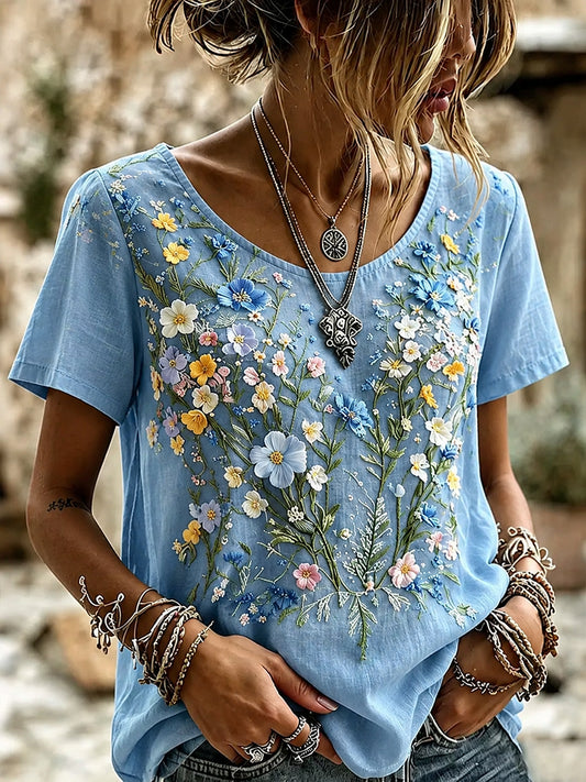 Women's Retro Floral Art Print Casual Cotton Linen Top