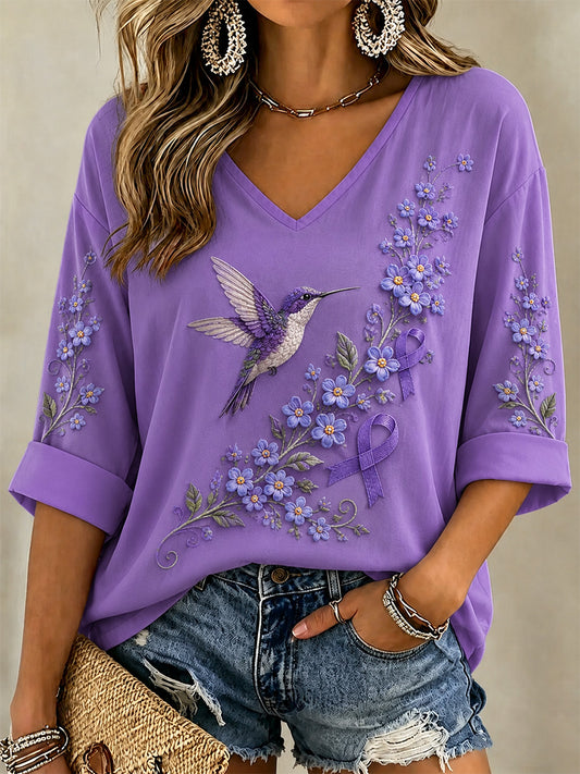 Women's Purple Floral & Hummingbird Print Alzheimer's Awareness Support V-Neck Tee