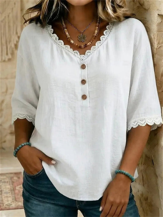 Women's Simple Lace Trim Button Up Casual linen Tunic