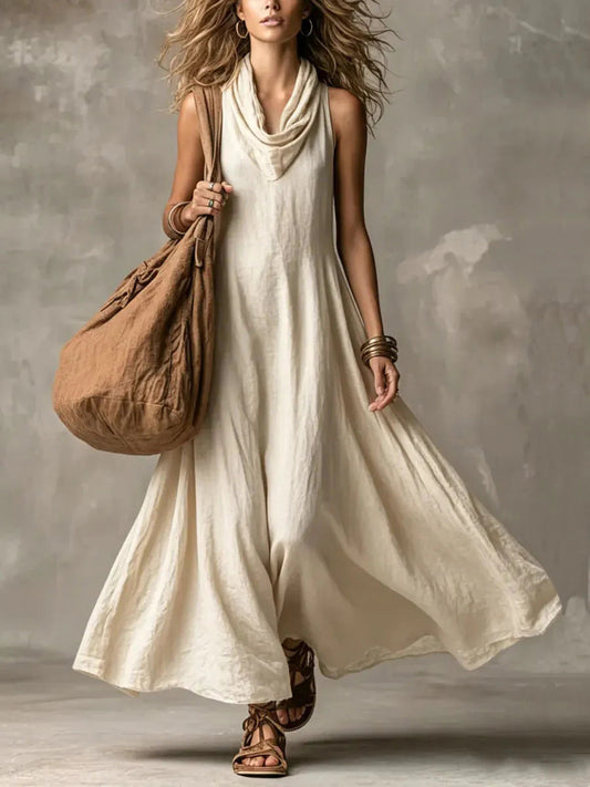 Women's Simple Cowl Neck Flowy Wide Skirted Maxi Dress