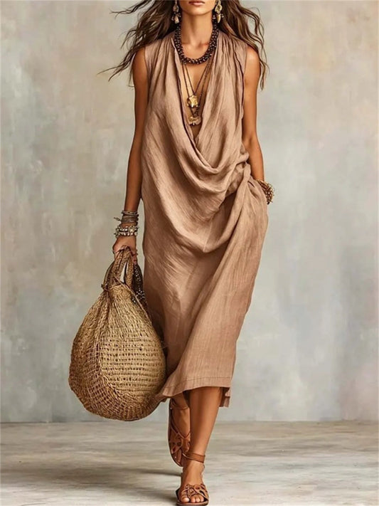 Women's Simple Cowl Neck Casual Comfy Midi Dress
