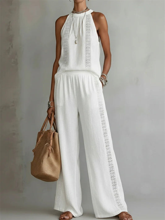 Women's Hollow Lace Sleeveless Top & Wide Leg Pants Casual Set