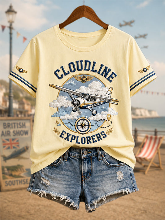 Women's Vintage Coastal Aviation Print Casual Tee
