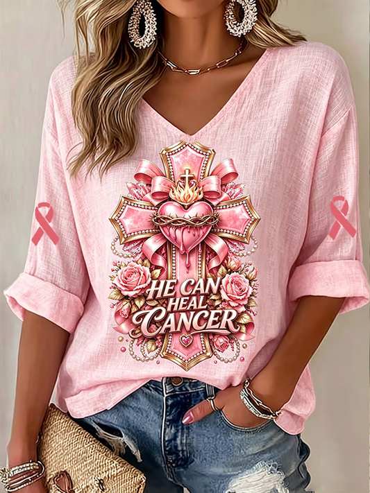 Women's Breast Cancer Awareness Printed linen short-sleeved T-shirt