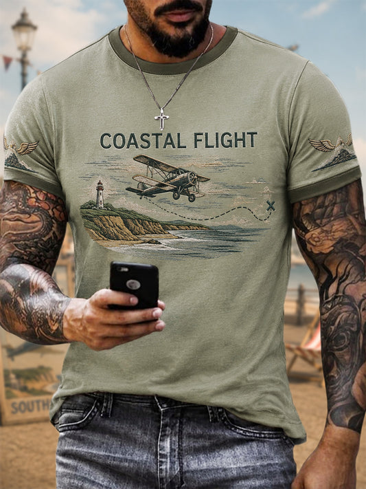 Men's Vintage Coastal Aviation Print Casual Tee