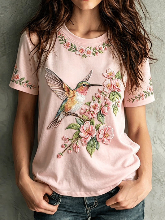 Women's Breast Cancer Awareness Hummingbird Flowers Short-sleeved T-shirt