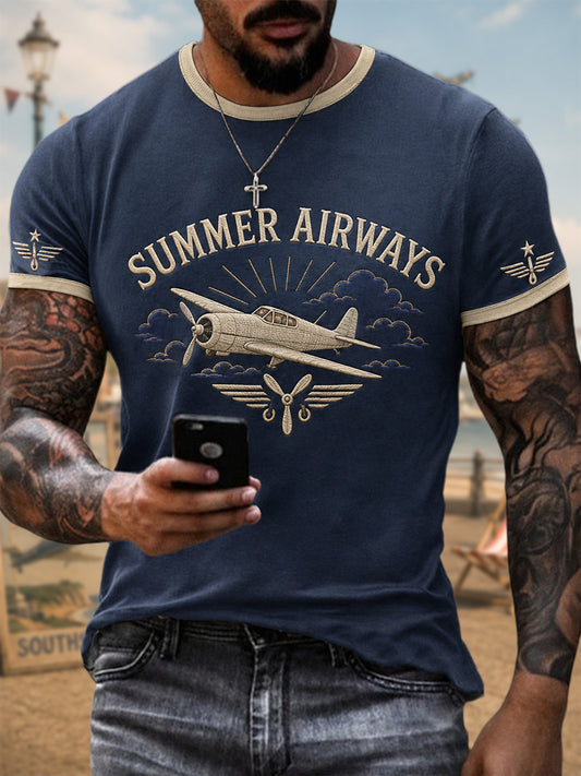 Men's Vintage Coastal Aviation Print Casual Tee