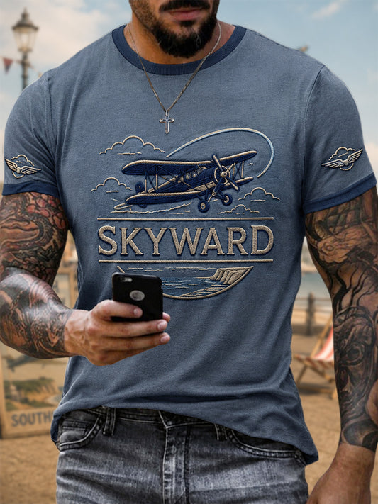Men's Vintage Coastal Aviation Print Casual Tee