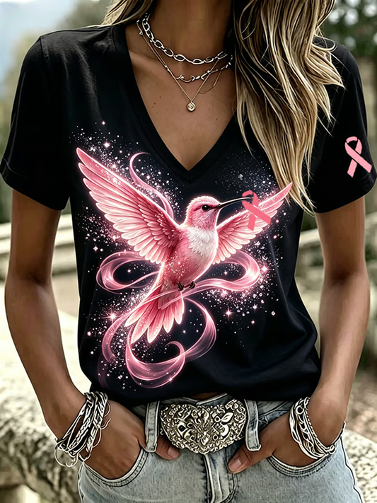 Women's Breast Cancer Awareness Hummingbird Printing short-sleeved T-shirt