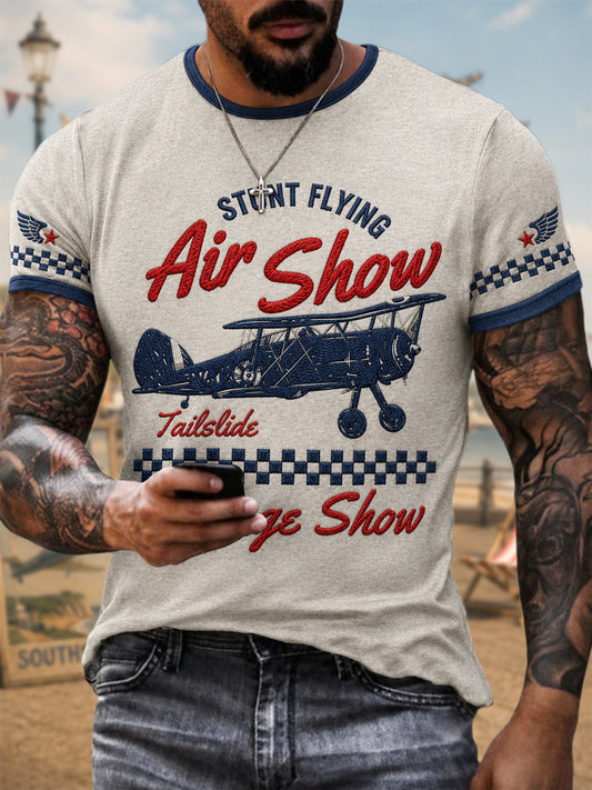 Men's Vintage Coastal Aviation Print Casual Tee