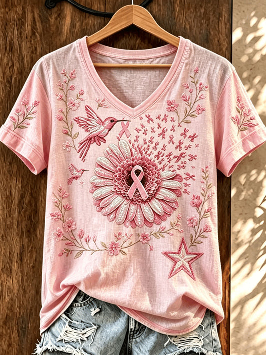 Women'sBreast Cancer Awareness Hummingbird Flowers T-shirt
