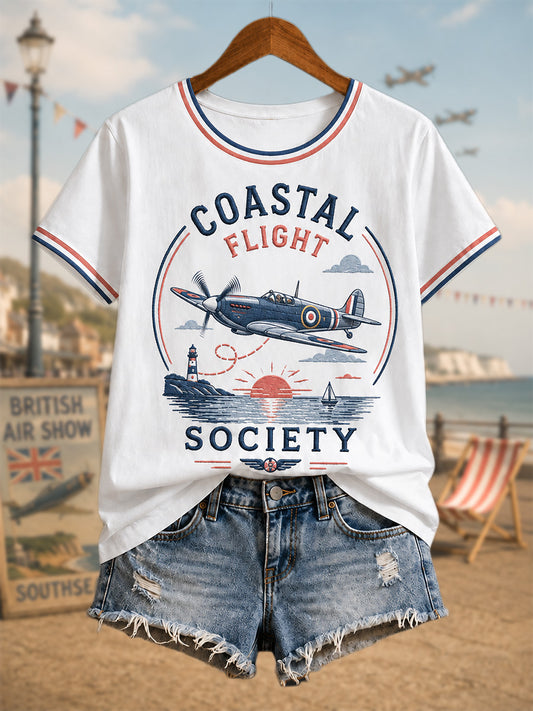 Women's Vintage Coastal Aviation Print Casual Tee