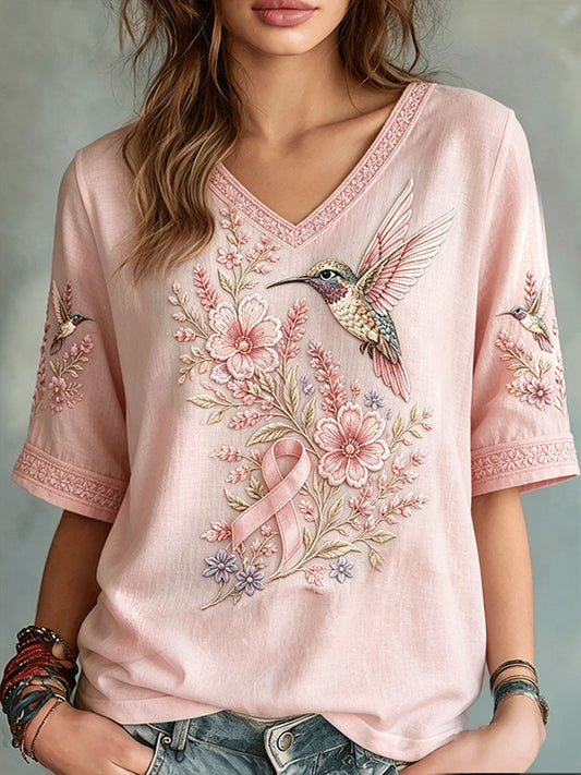 Women's Breast Cancer Awareness Hummingbird Flowers Mid-length Sleeves V-Neck T-Shirt