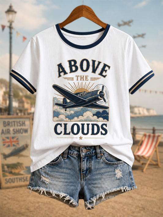 Women's Vintage Coastal Aviation Print Casual Tee