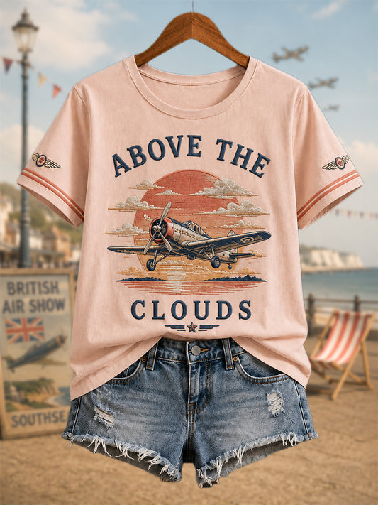 Women's Vintage Coastal Aviation Print Casual Tee
