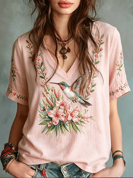 Women's Breast Cancer Awareness Hummingbird Flowers Short-sleeved T-shirt