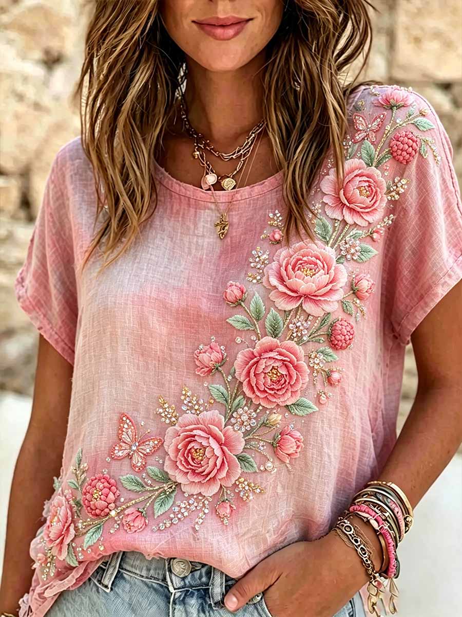 Women's Fashion Pink Floral Print T-Shirt