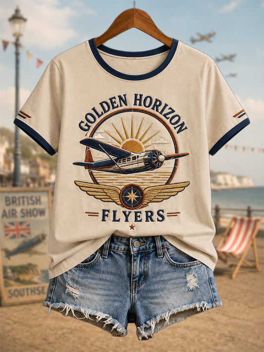 Women's Vintage Coastal Aviation Print Casual Tee