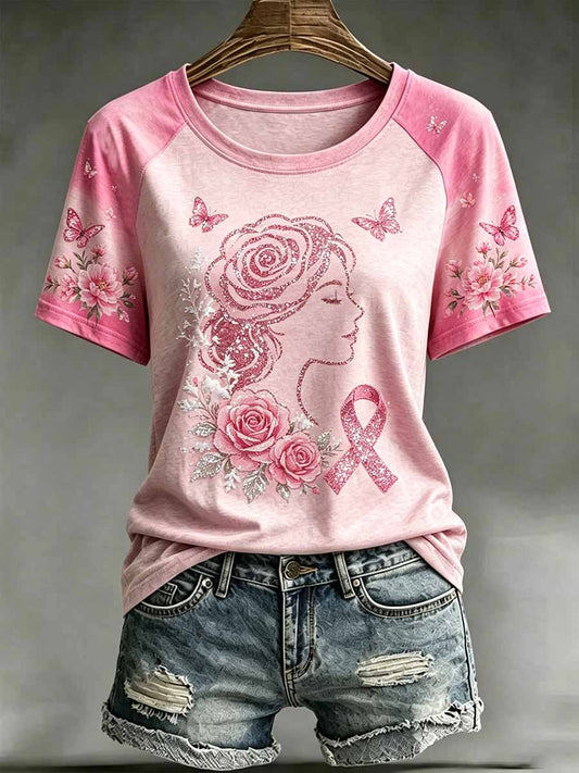 Women's Fashion Breast Cancer Awareness Floral Print T-Shirt