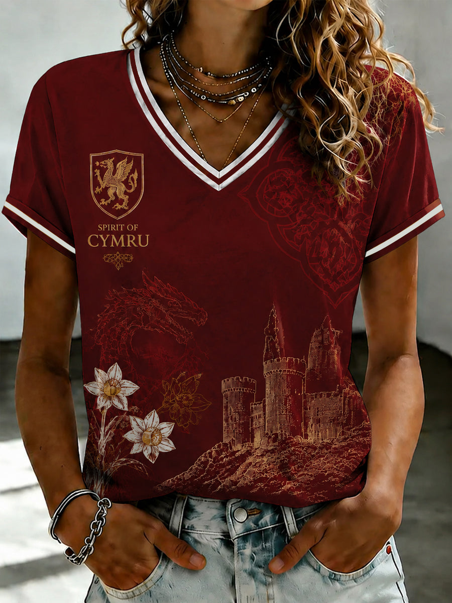 Women's Welsh Dragon Printed V-neck T-shirt