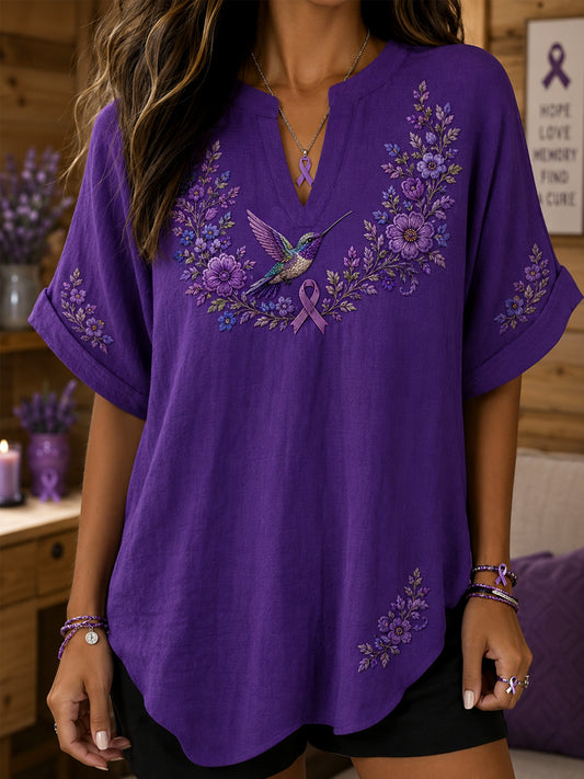 Women's Purple Floral & Hummingbird Print Alzheimer's Awareness Support V-Neck Shirt