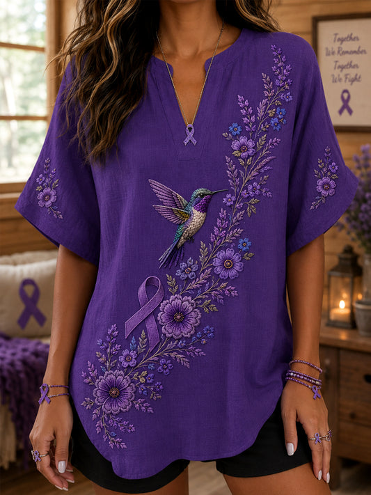 Women's Purple Floral & Hummingbird Print Alzheimer's Awareness Support V-Neck Shirt