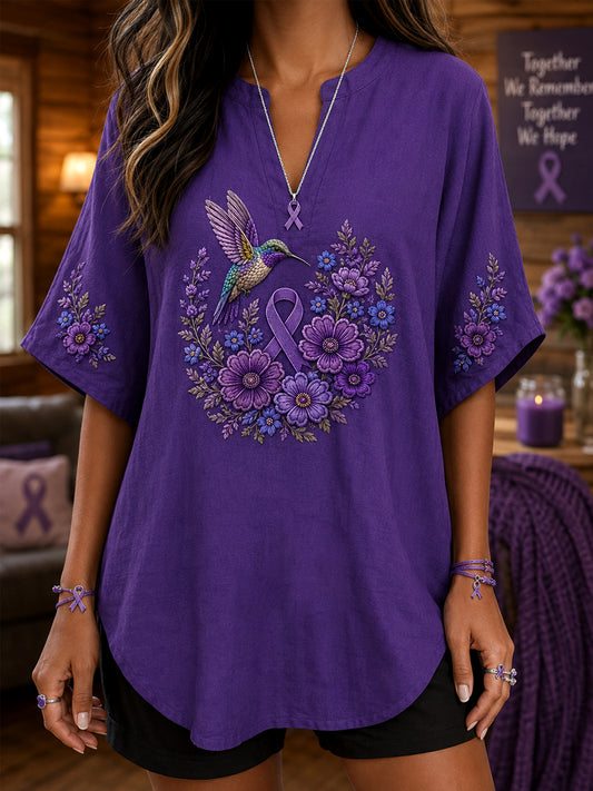Women's Purple Floral & Hummingbird Print Alzheimer's Awareness Support V-Neck Shirt