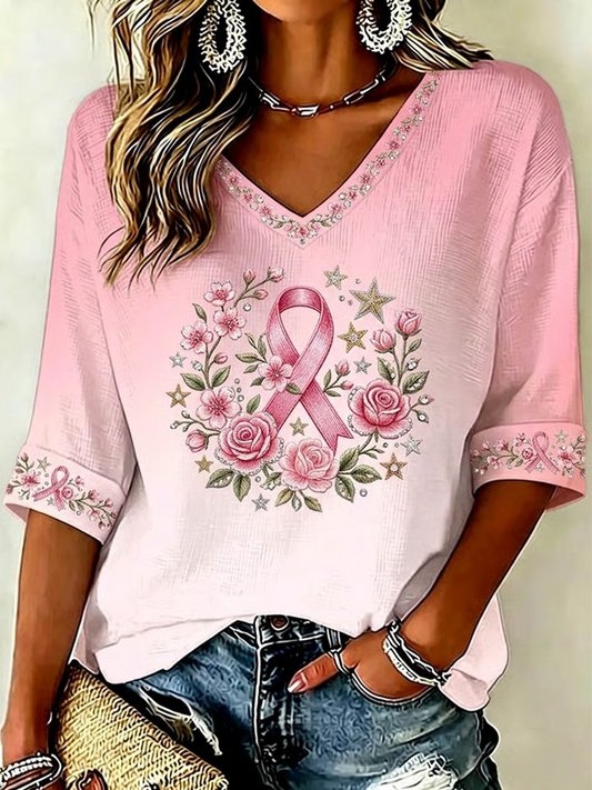 Women's Breast Cancer Awareness Printed Mid-length Sleeves V-Neck T-Shirt