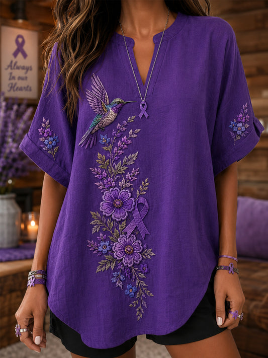 Women's Purple Floral & Hummingbird Print Alzheimer's Awareness Support V-Neck Shirt