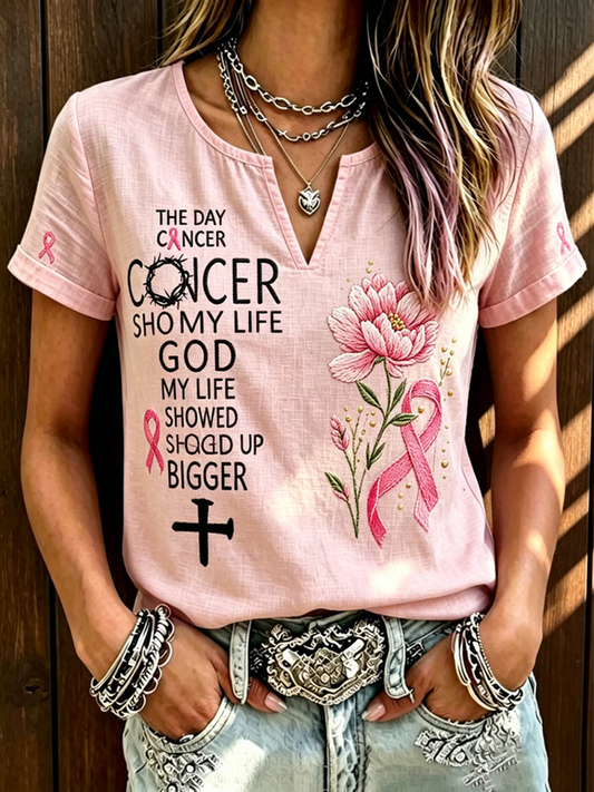 Women's Breast Cancer Awareness Printed Cotton-Linen Shirt