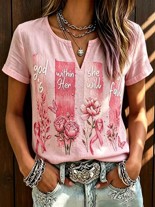 Women's Breast Cancer Awareness Printed Cotton-Linen Shirt