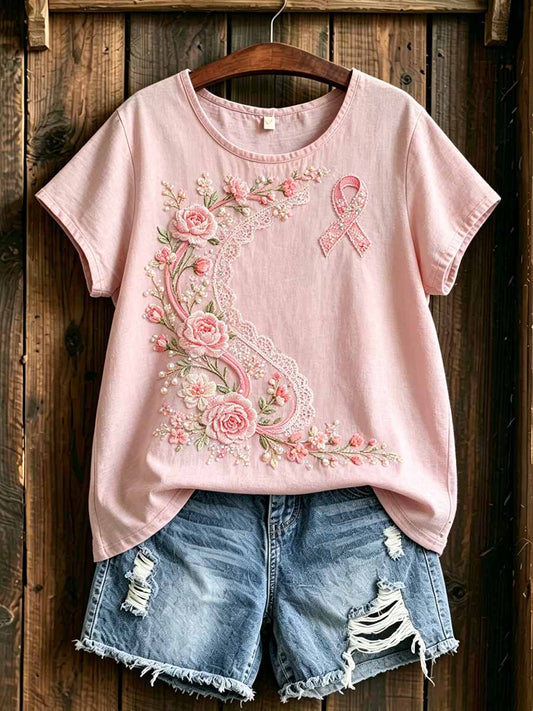 Women's Fashion Breast Cancer Awareness Floral Print T-Shirt