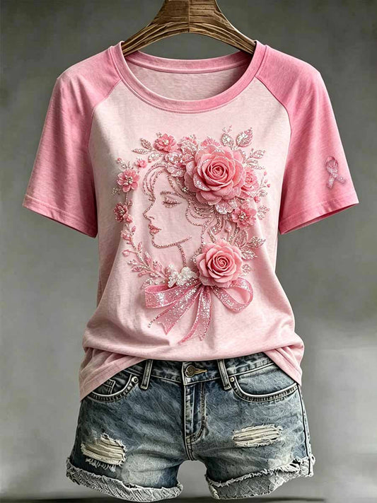 Women's Fashion Breast Cancer Awareness Floral Print T-Shirt