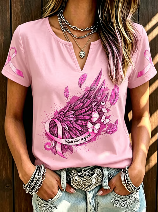 Women's Breast Cancer Awareness Printed Cotton-Linen Shirt