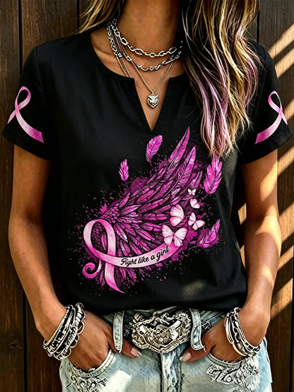 Women's Breast Cancer Awareness Printed Cotton-Linen Shirt